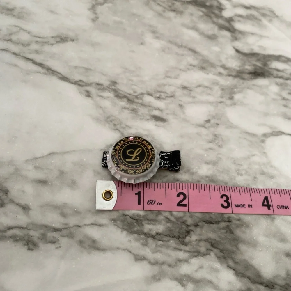 Handmade Vintage Girls Bottle Cap Hair Clip “L” Gold, Black & Pink